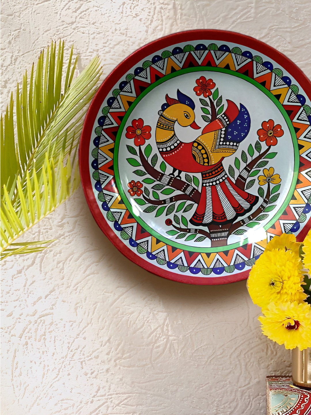

JIKRAA Madhubani Red & Green Printed Ceramic Wall Plate
