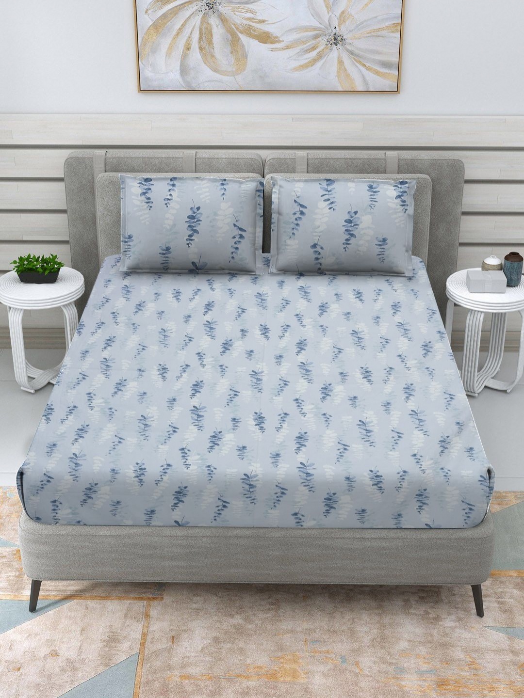 

RRC Turquoise Blue Floral Printed Cotton 152 TC King Bedsheet Set 2.74 m x 2.74 m