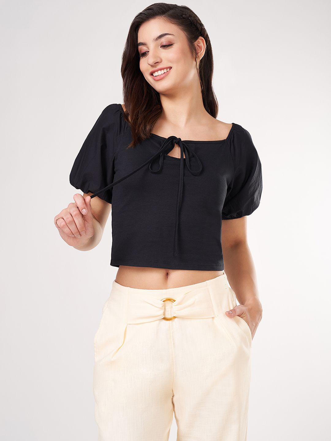 

Honey by Pantaloons Women Puff Sleeve Cotton Crop Top, Black