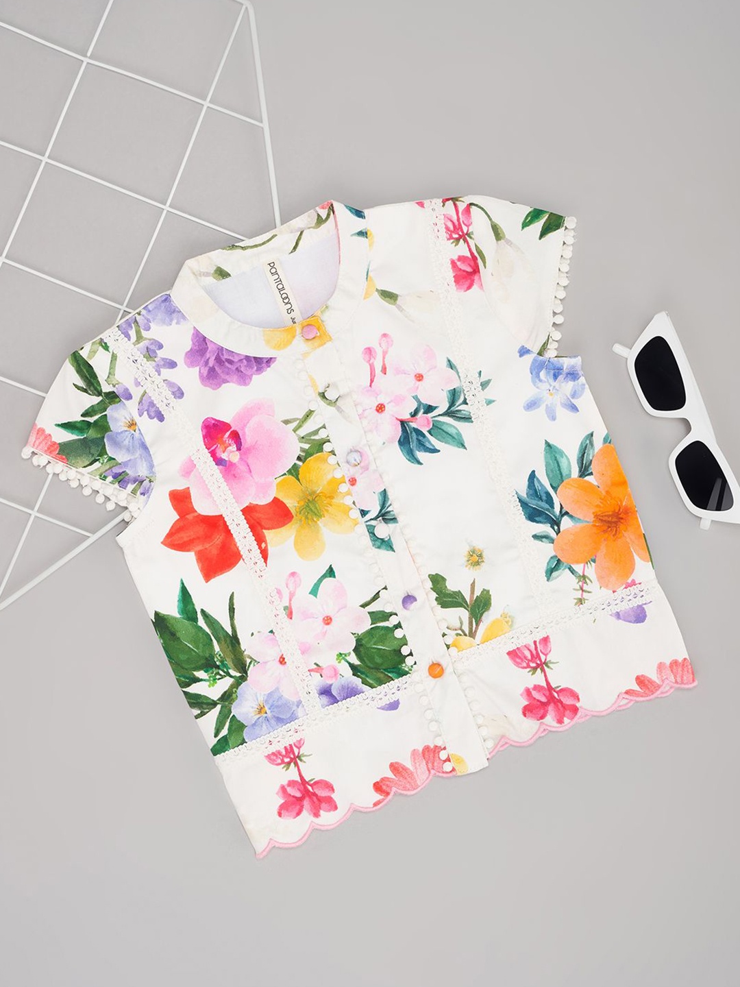 

Pantaloons Junior Girls Floral Printed Mandarin Collar Cotton Top, Off white