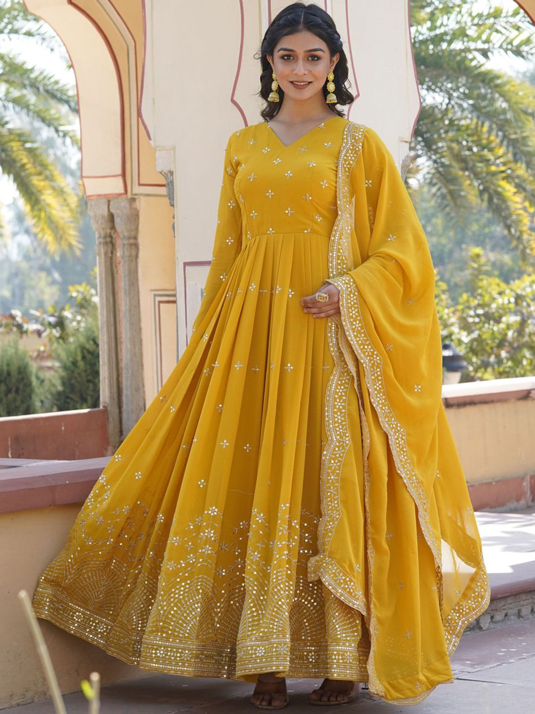 

KALINI Floral Embroidered Sequinned Georgette Anarkali Kurta With Dupatta, Yellow