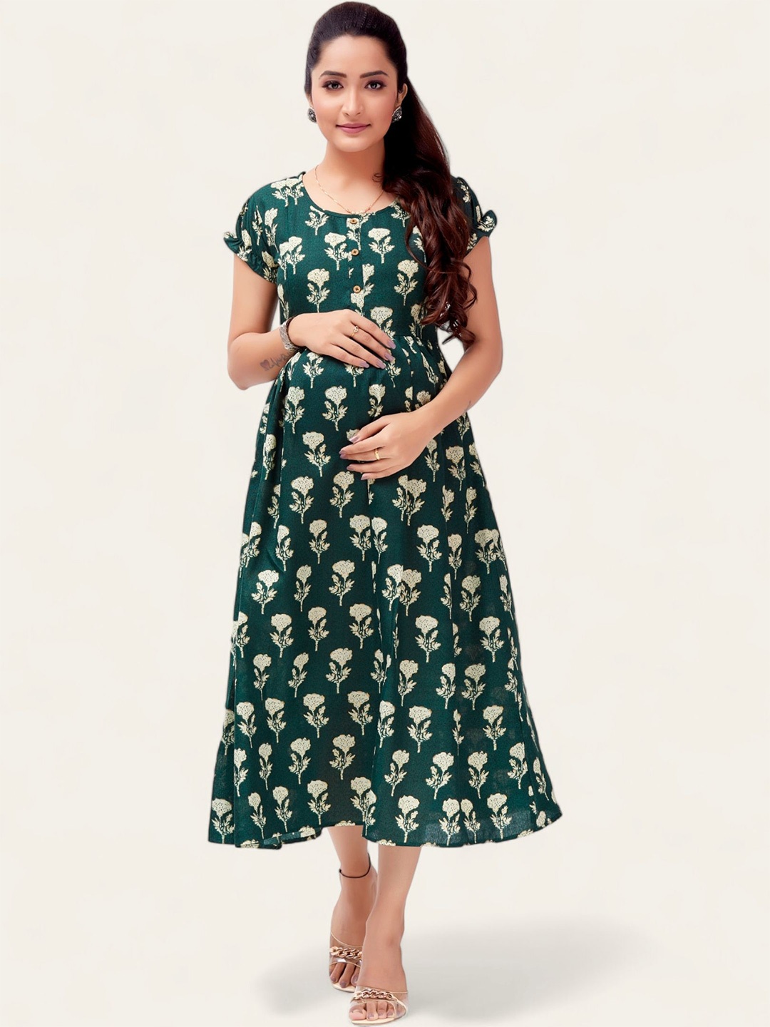 

RITIJYA Women Floral Print Maternity Fit & Flare Maxi Dress, Green