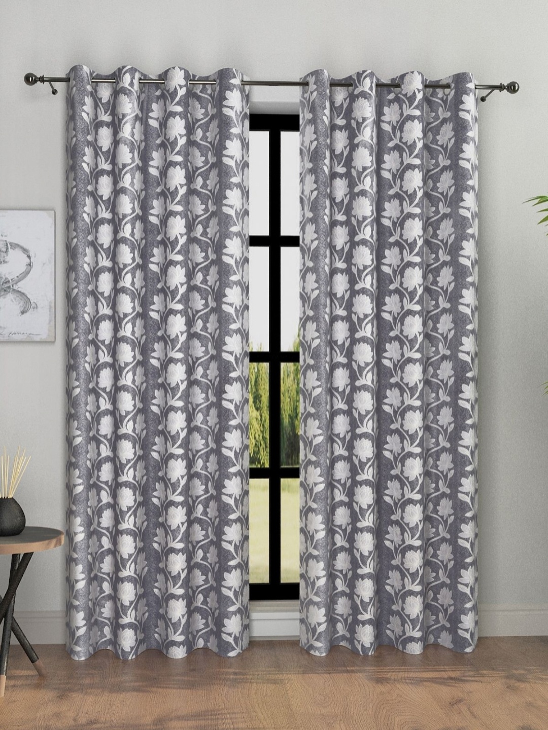 

Myntra Elegant Homes Grey & White 2Pieces Floral Printed Room Darkening Long Door Curtains