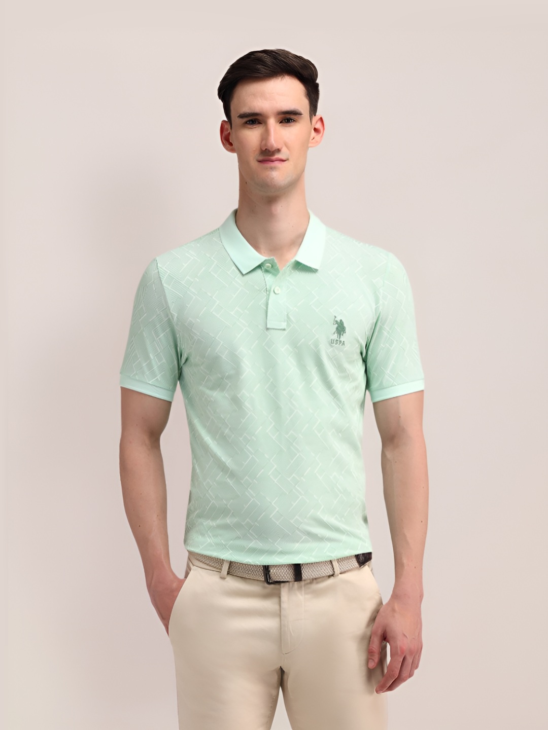 

U.S. Polo Assn. Men Abstract Printed Polo Collar Cotton Slim Fit T-shirt, Green