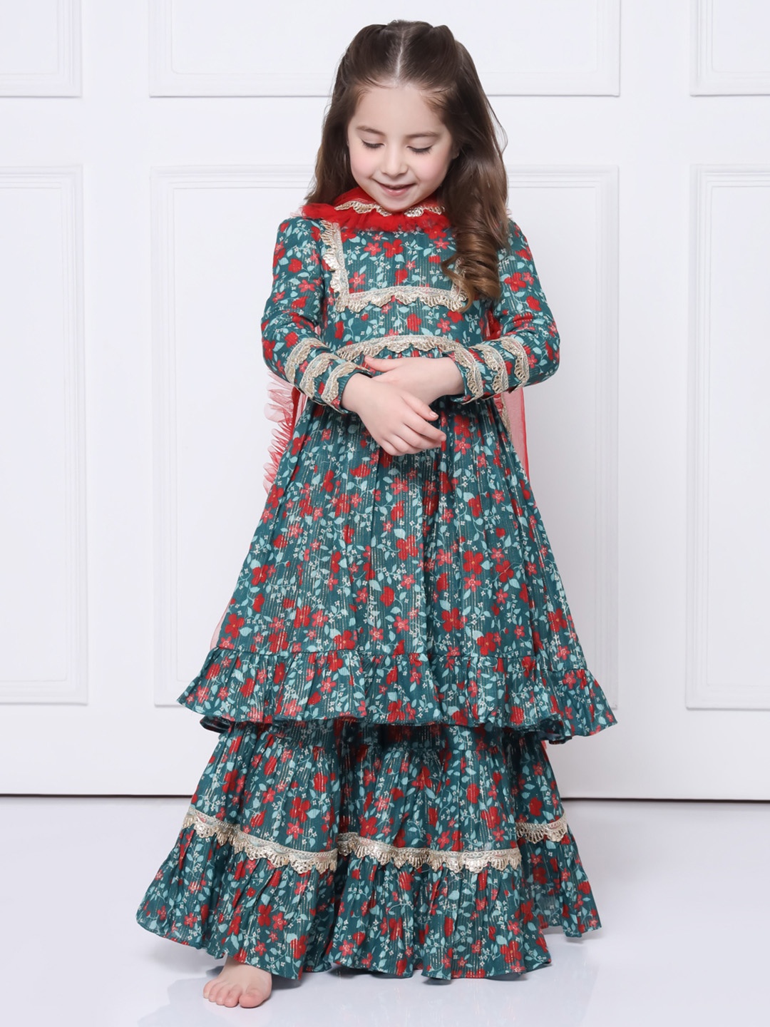 

THE PONY & PEONY CO. Girls Gotta Patti Pure Cotton Anarkali Kurta with Sharara & Dupatta, Green