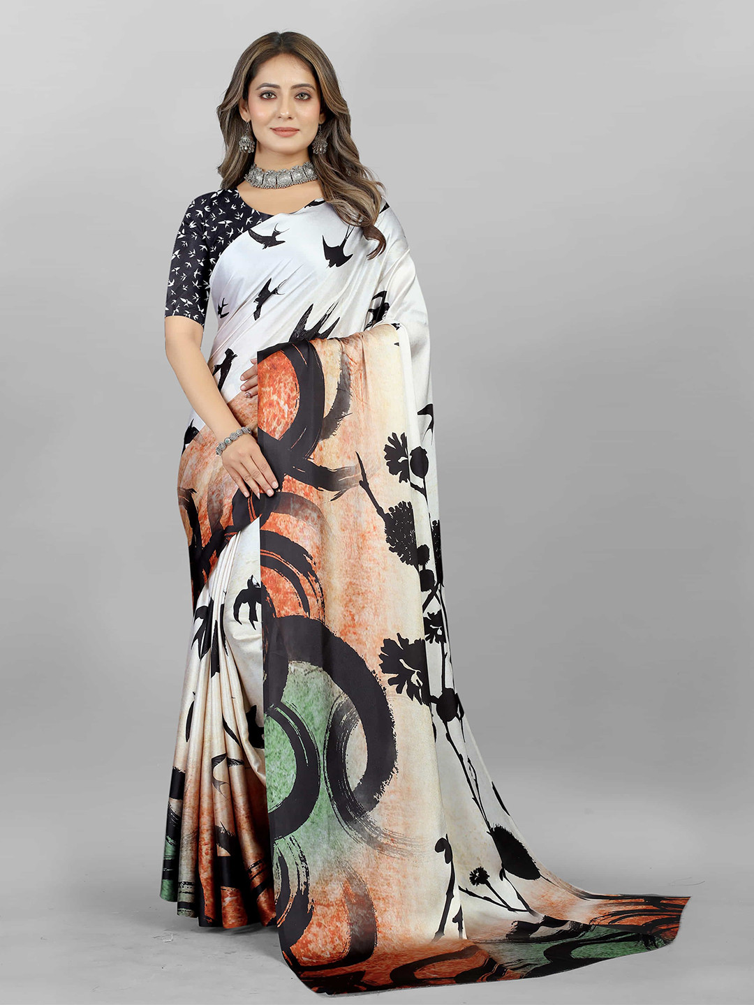 

V3 FASHION STUDIO Ethnic Motifs Printed Satin Saree, Black