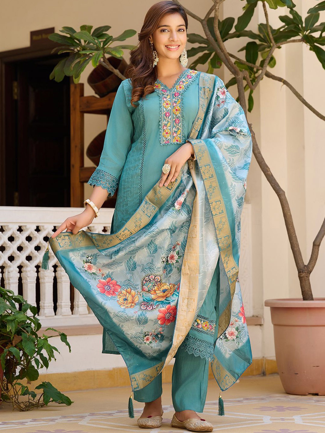 

KALINI Embroidered Chanderi Cotton Kurta With Trousers & Dupatta, Blue