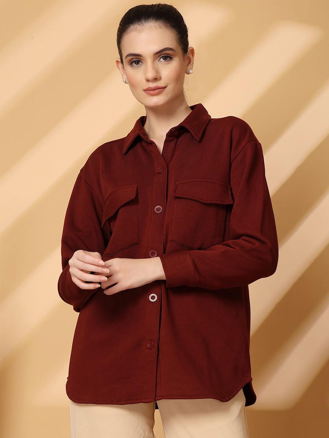 

plusS Women Spread Collar Solid Fleece Casual Open Front Jacket, Brown