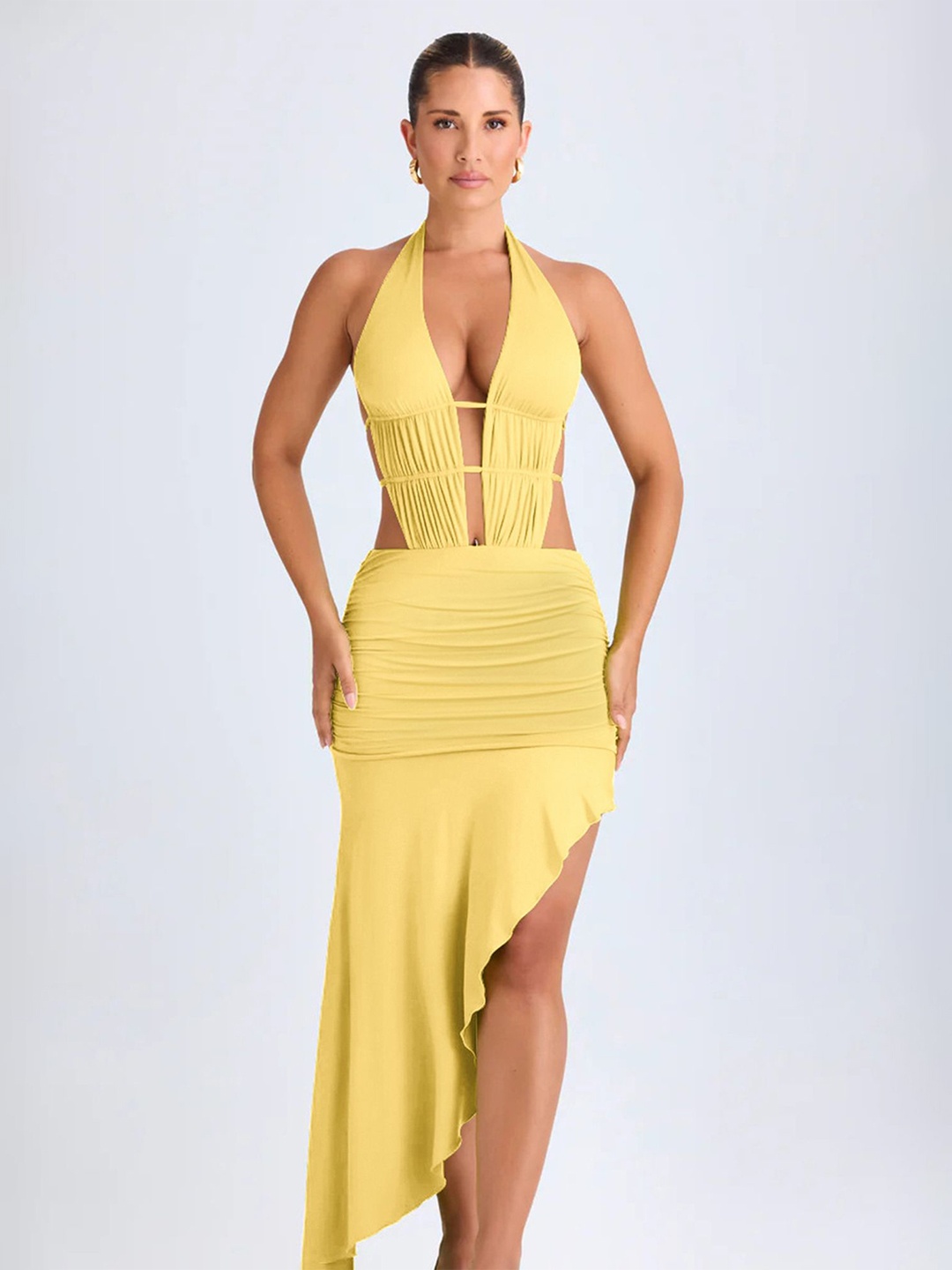 

LULU & SKY Women Halter Neck Bodycon Midi Dress, Yellow