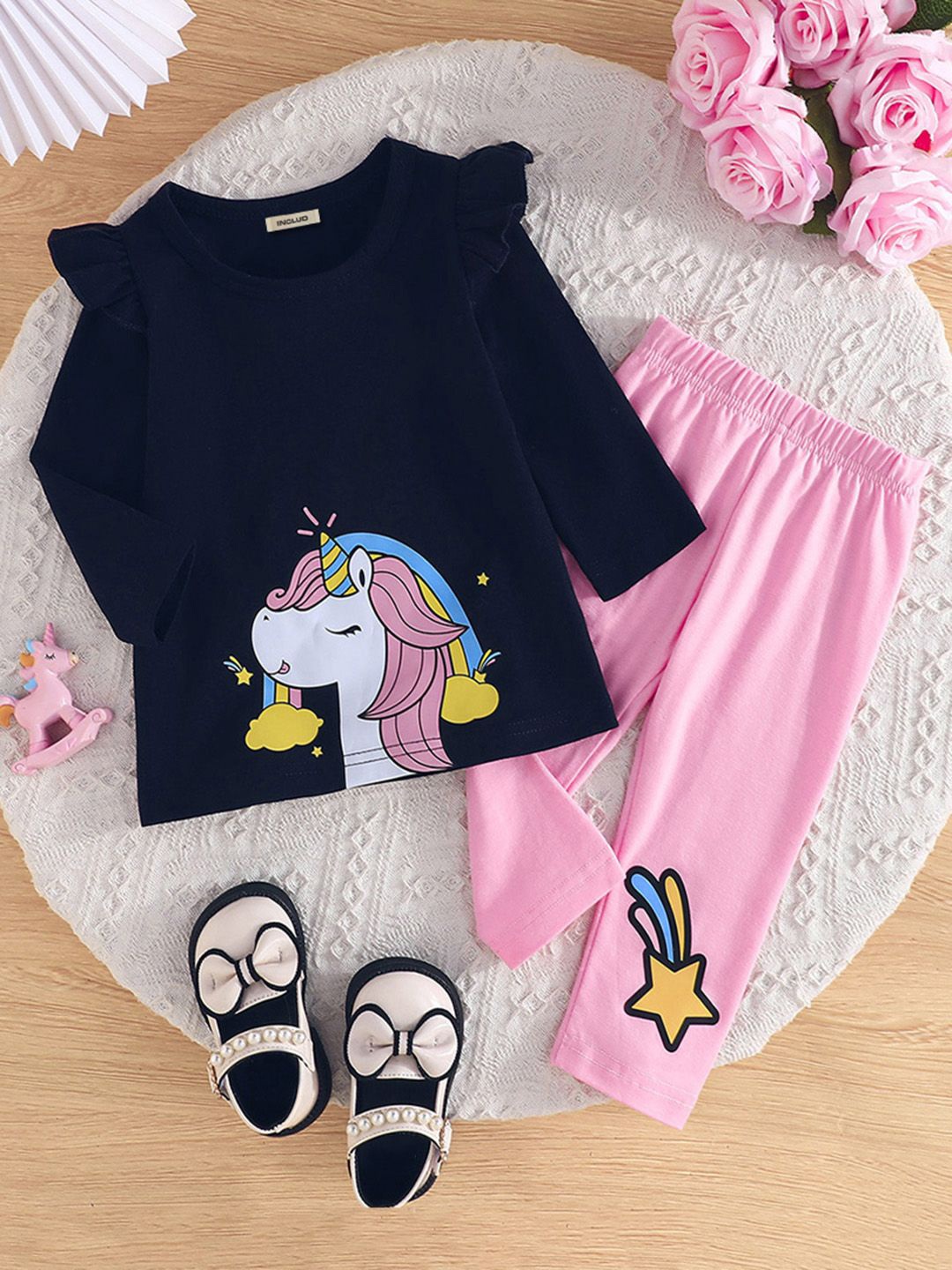 

INCLUD Girls Printed Round Neck Long Sleeves Top With Trouser, Pink