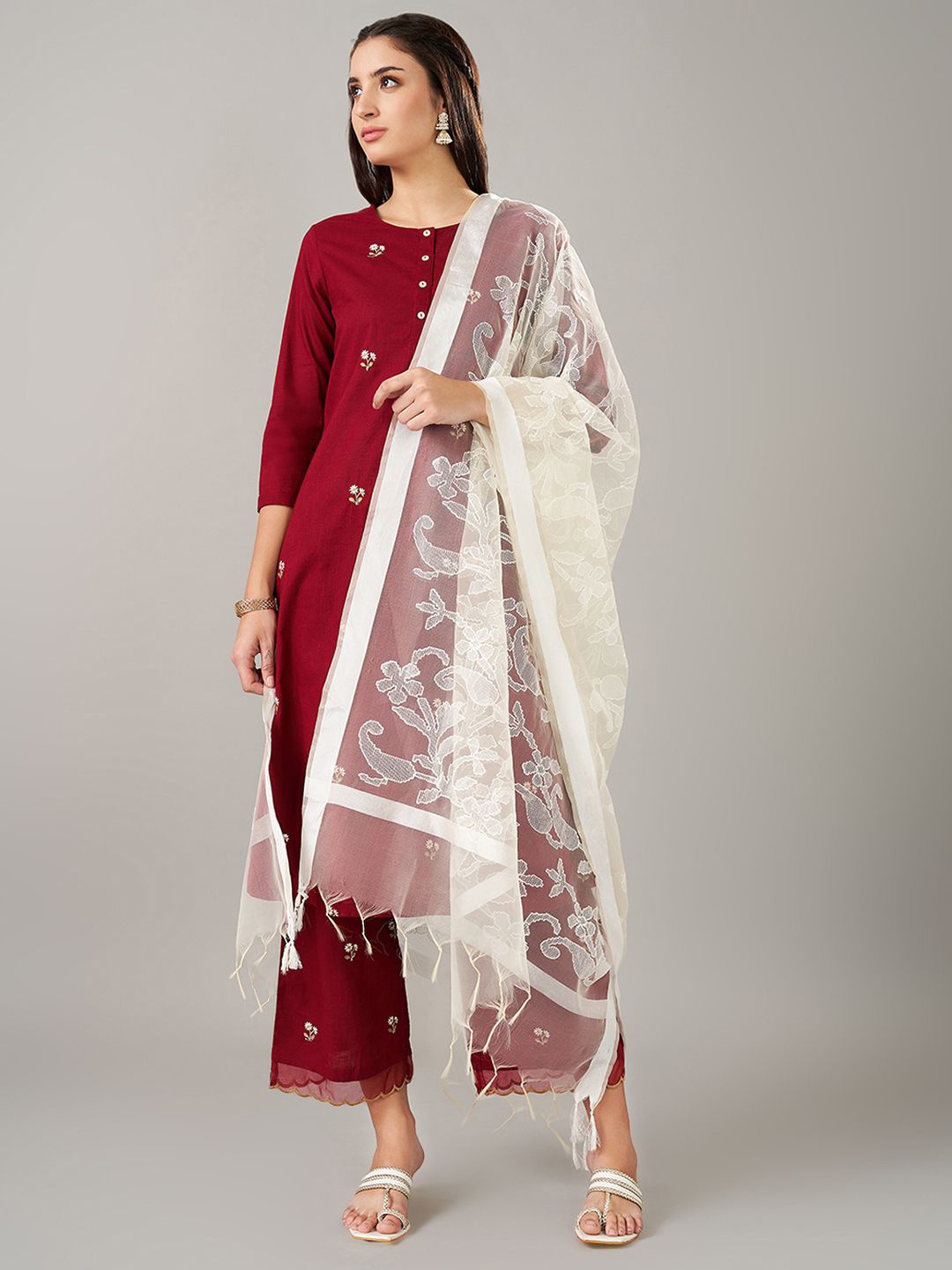 

RANGMANCH BY PANTALOONS Floral Embroidered Dupatta, White