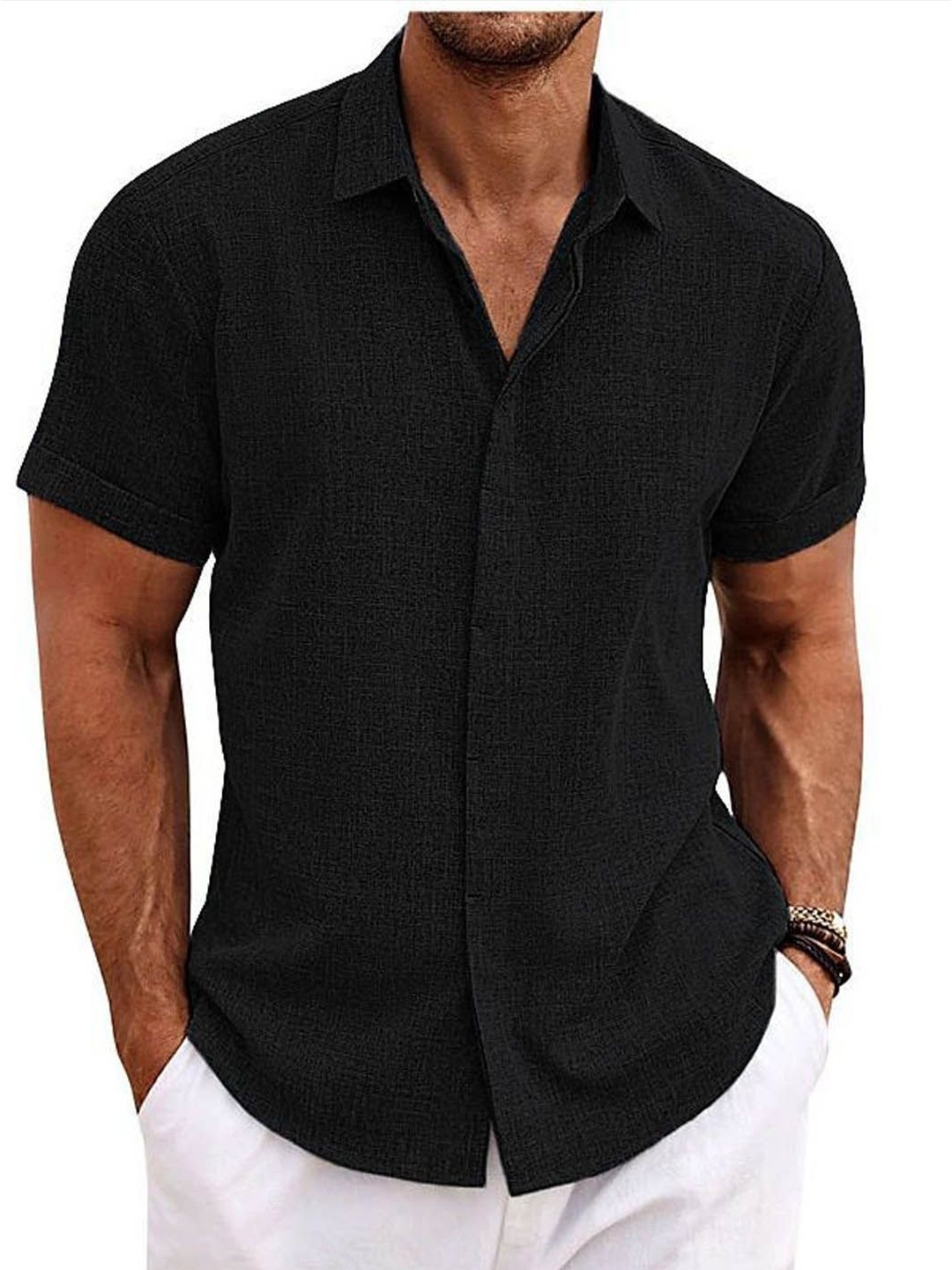 

StyleCast Men Spread Collar Solid Cotton Casual Shirt, Black
