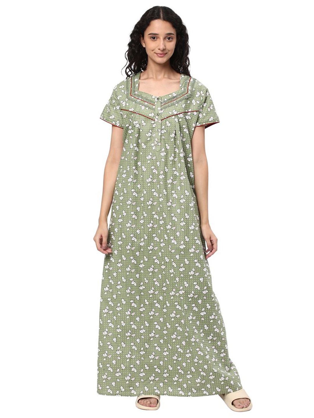 

KOVIRA Women Printed Pure Cotton Maxi Everyday Nightdress, Green
