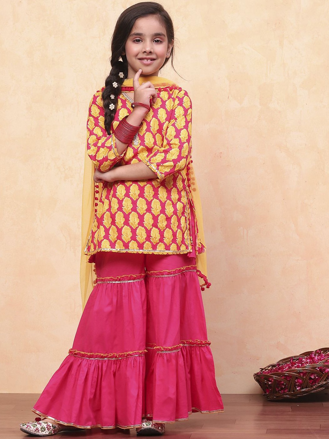 

Biba Girls Floral Printed Regular Pure Cotton Straight Kurti with Sharara & Dupatta, Red