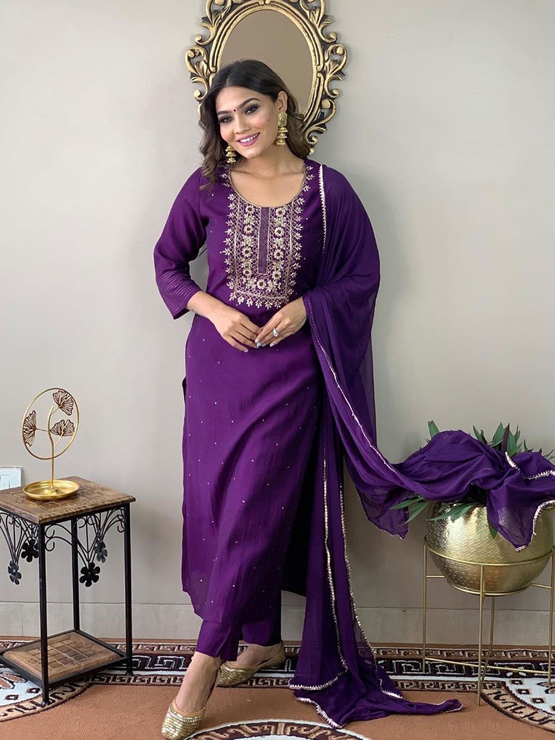 

ODETTE Floral Embroidered Straight Kurta With Trouser & Dupatta, Purple