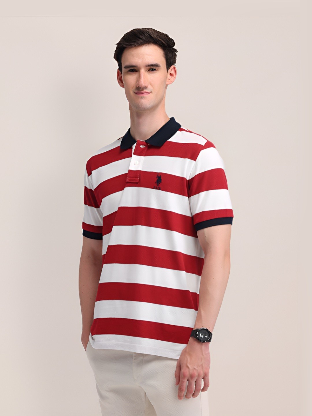 

U.S. Polo Assn. Men Striped Polo Collar Cotton Slim Fit T-shirt, Red