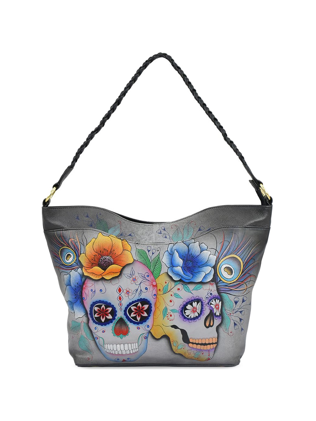

Anuschka Women Graphic Printed Swagger Leather Shoulder Bag, Grey