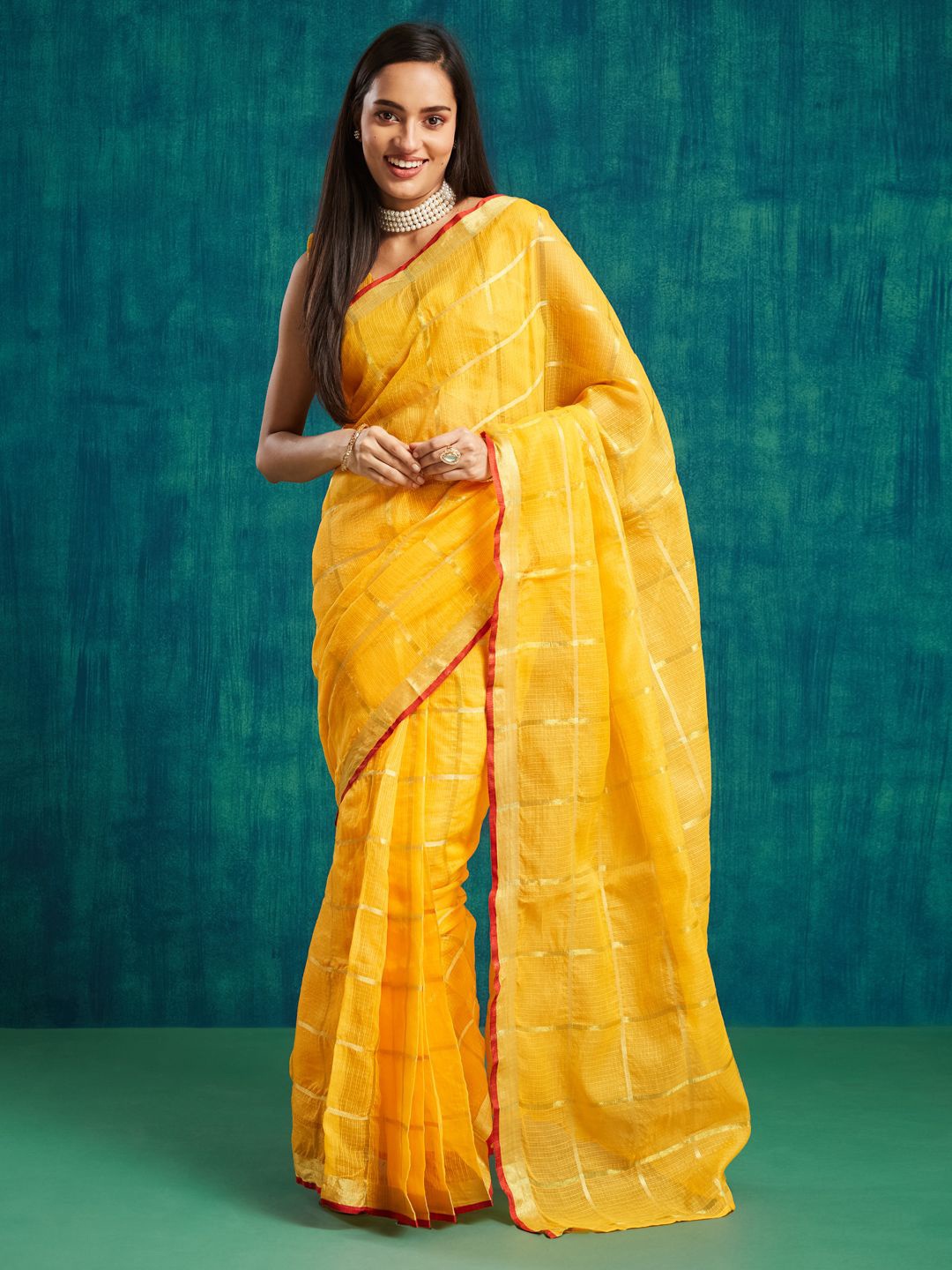 

RACHNA Checked Zari Ready to Wear Kanjeevaram Saree, Yellow