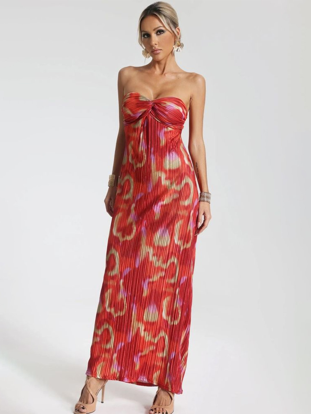 

LULU & SKY Abstract Printed Pleated Texture Bandeau Dress, Orange