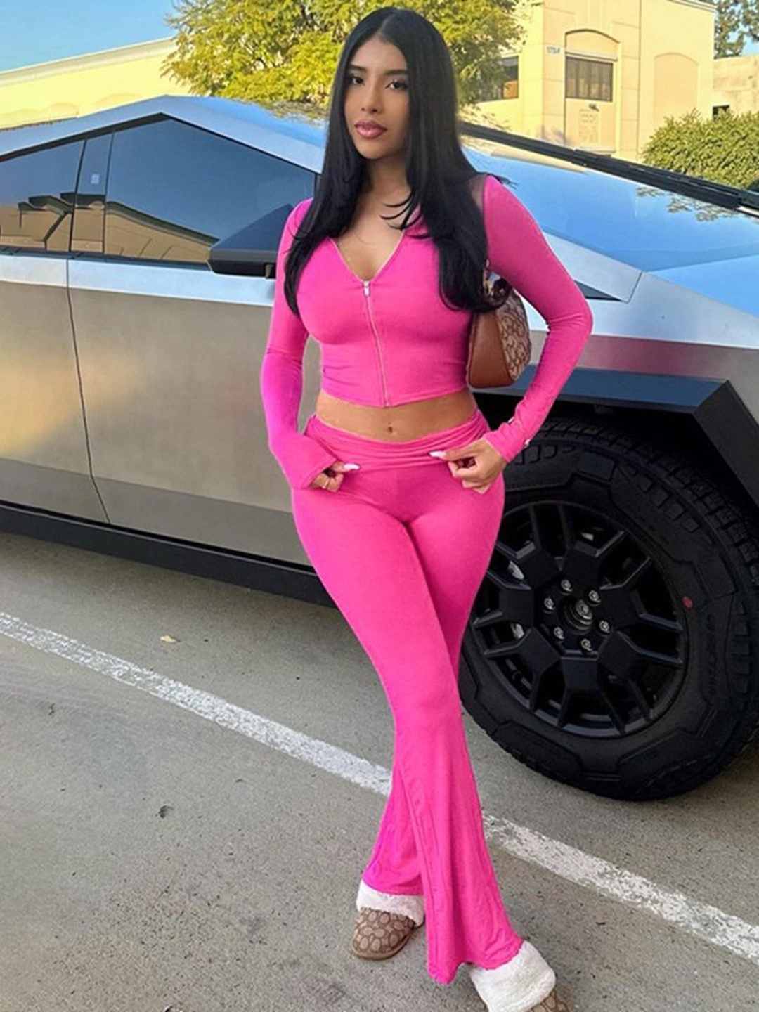 

LULU & SKY V-Neck Long Sleeves Top With Trouser, Pink