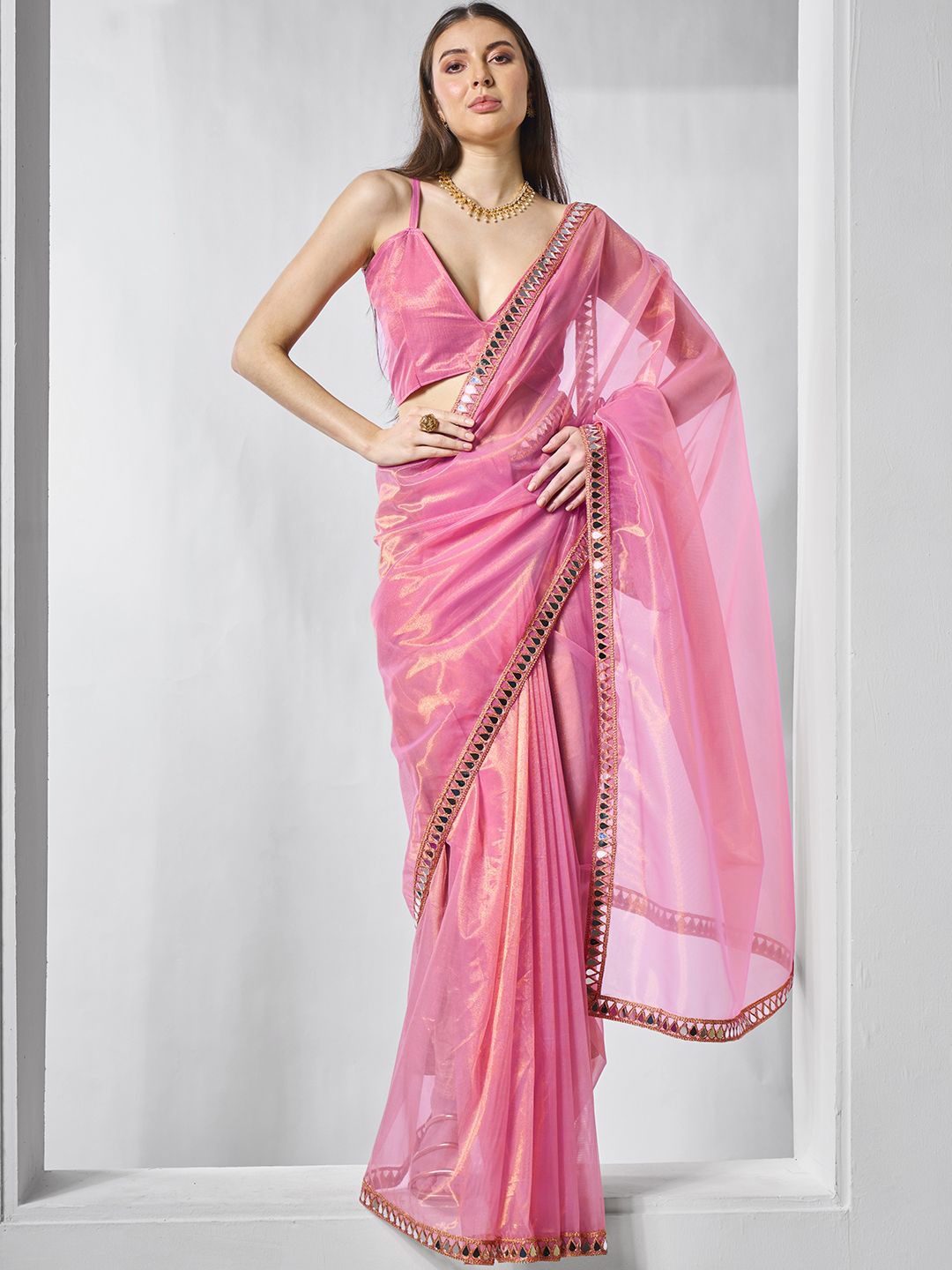 

Mitera Beads and Stones Mirror Work Organza Saree, Pink