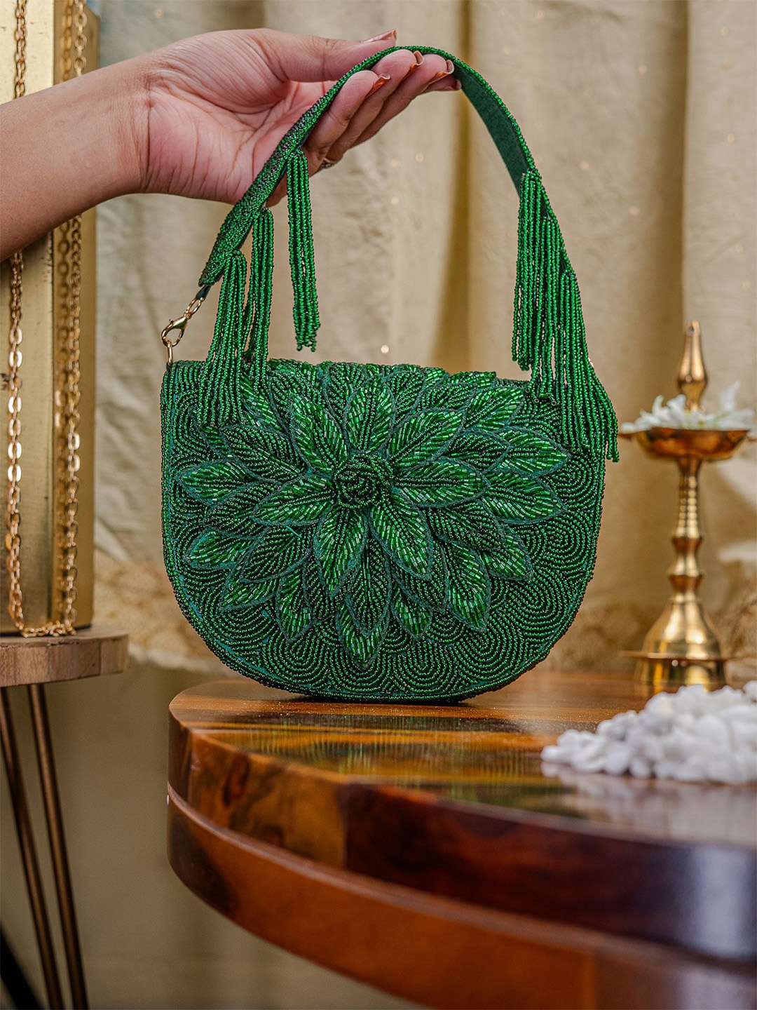 

NR By Nidhi Rathi Embroidered Embellished Foldover Clutch, Green