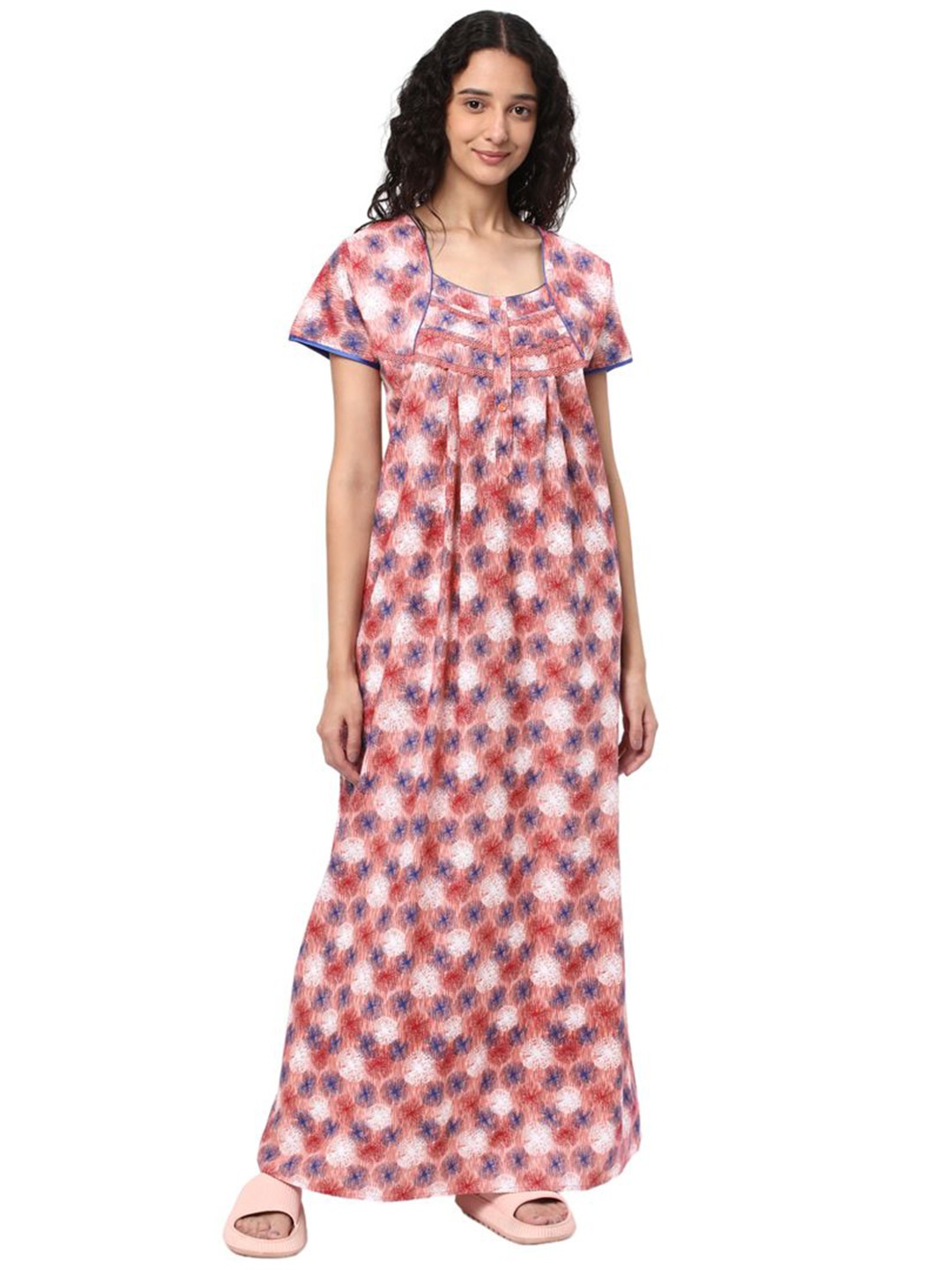

KOVIRA Women Printed Pure Cotton Maxi Nightdress, Pink