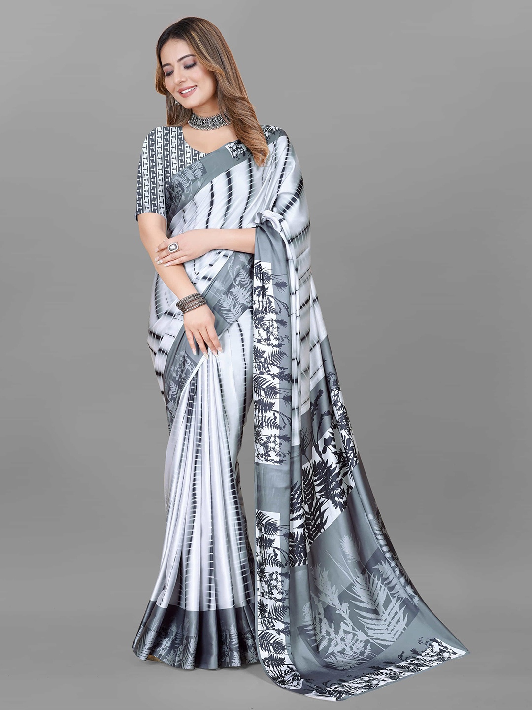 

V3 FASHION STUDIO Ethnic Motifs Satin Saree, Grey