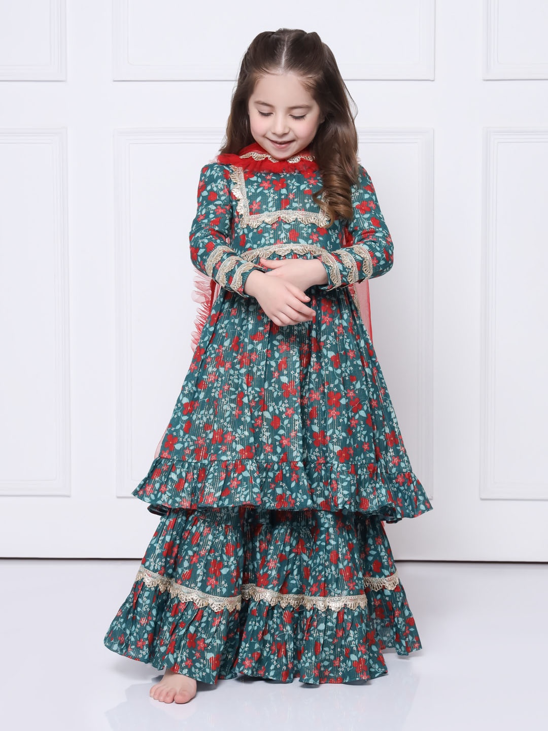 

THE PONY & PEONY CO. Girls Gotta Patti Pure Cotton Anarkali Kurta with Sharara & With, Green