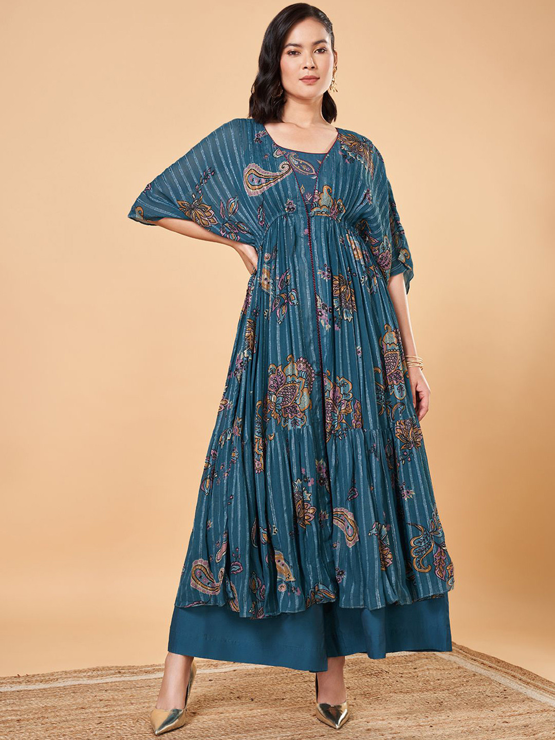

Marigold Lane Ethnic Motifs Printed Angrakha Gotta Patti Kurta with Palazzos, Teal