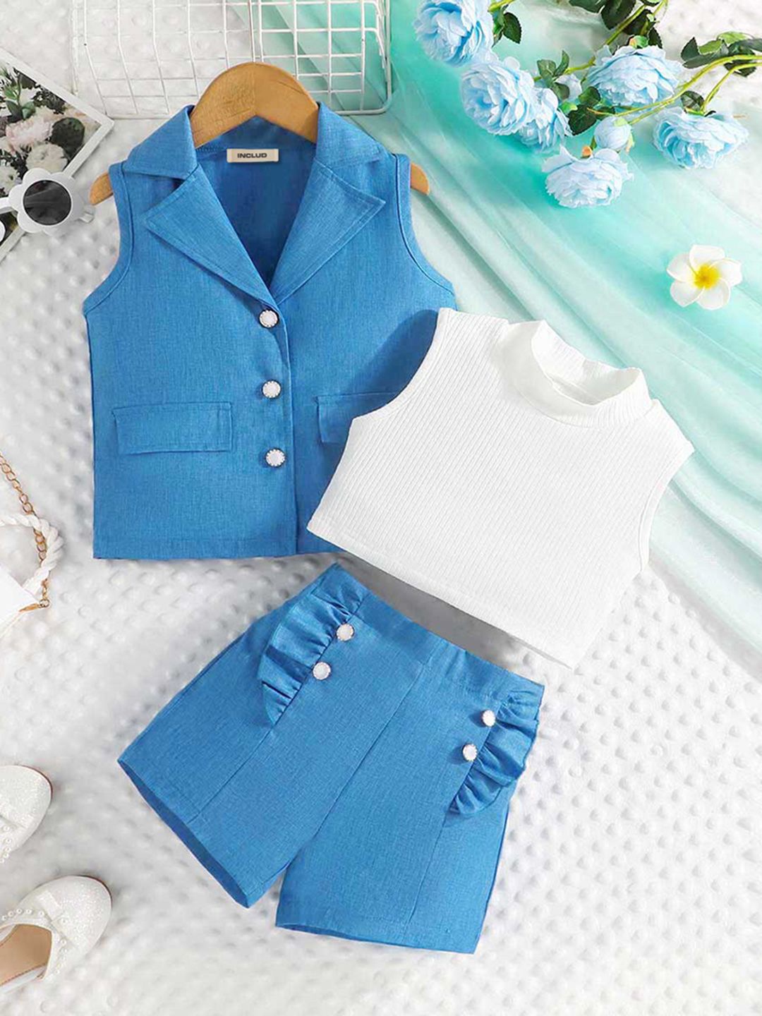 

INCLUD Girls Top with Shorts and Waistcoat Clothing Set, Blue