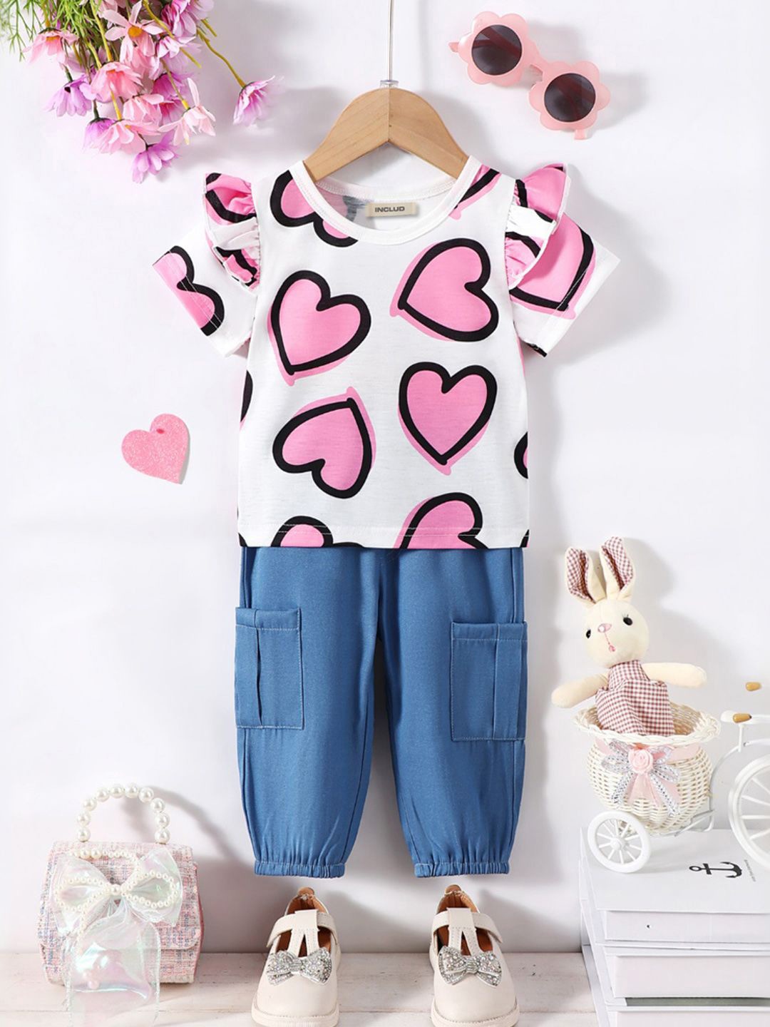 

INCLUD Girls Printed Top with Trousers, White