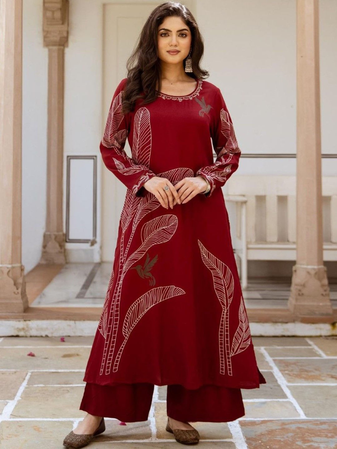 

AUTUMN LANE Floral Printed Sequinned Pure Cotton A-Line Kurta With Palazzos, Red