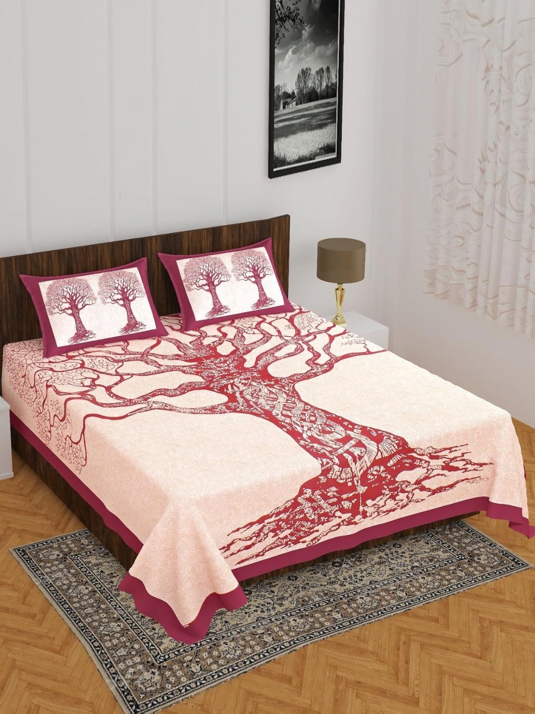 

AYAT COLLECTION Beige & Red 144 TC Queen Bedsheet with 2 Pillow Covers