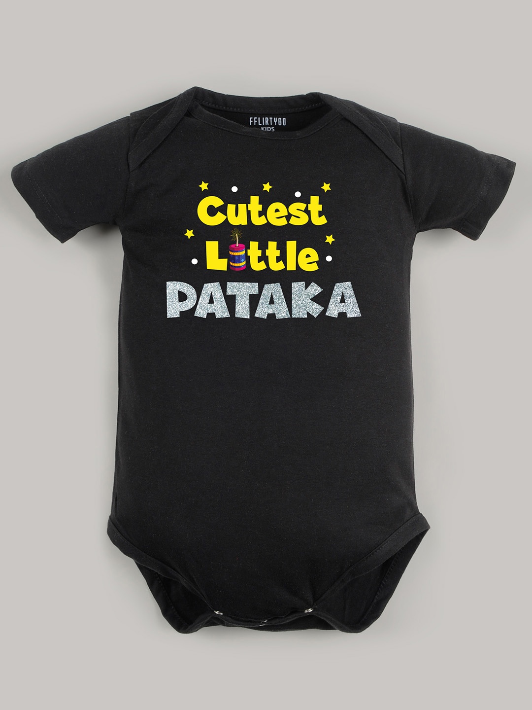 

FFLIRTYGO Kids Printed Pure Cotton Round Neck Short Sleeves Bodysuit, Black