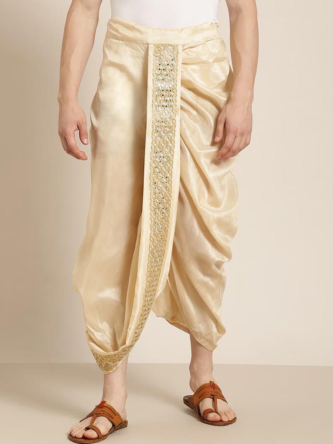 

FANZI Men Embroidered Silk Dhoti Pant, Beige