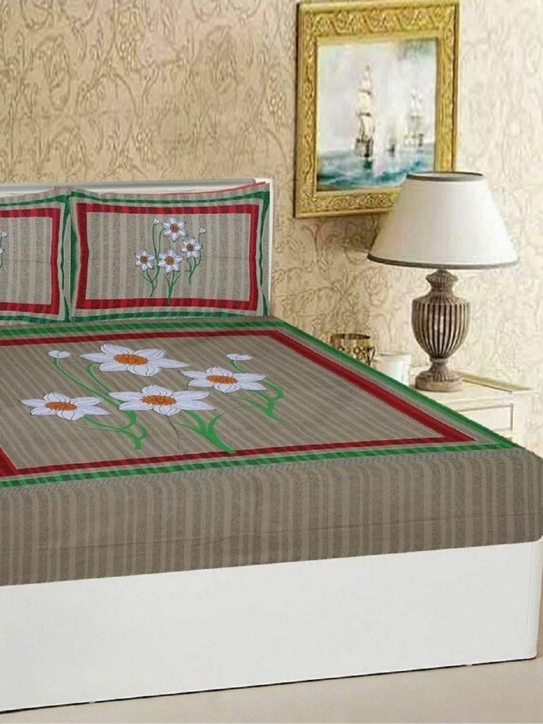 

AYAT COLLECTION Grey & Red Floral 144 TC Queen Bedsheet with 2 Pillow Covers