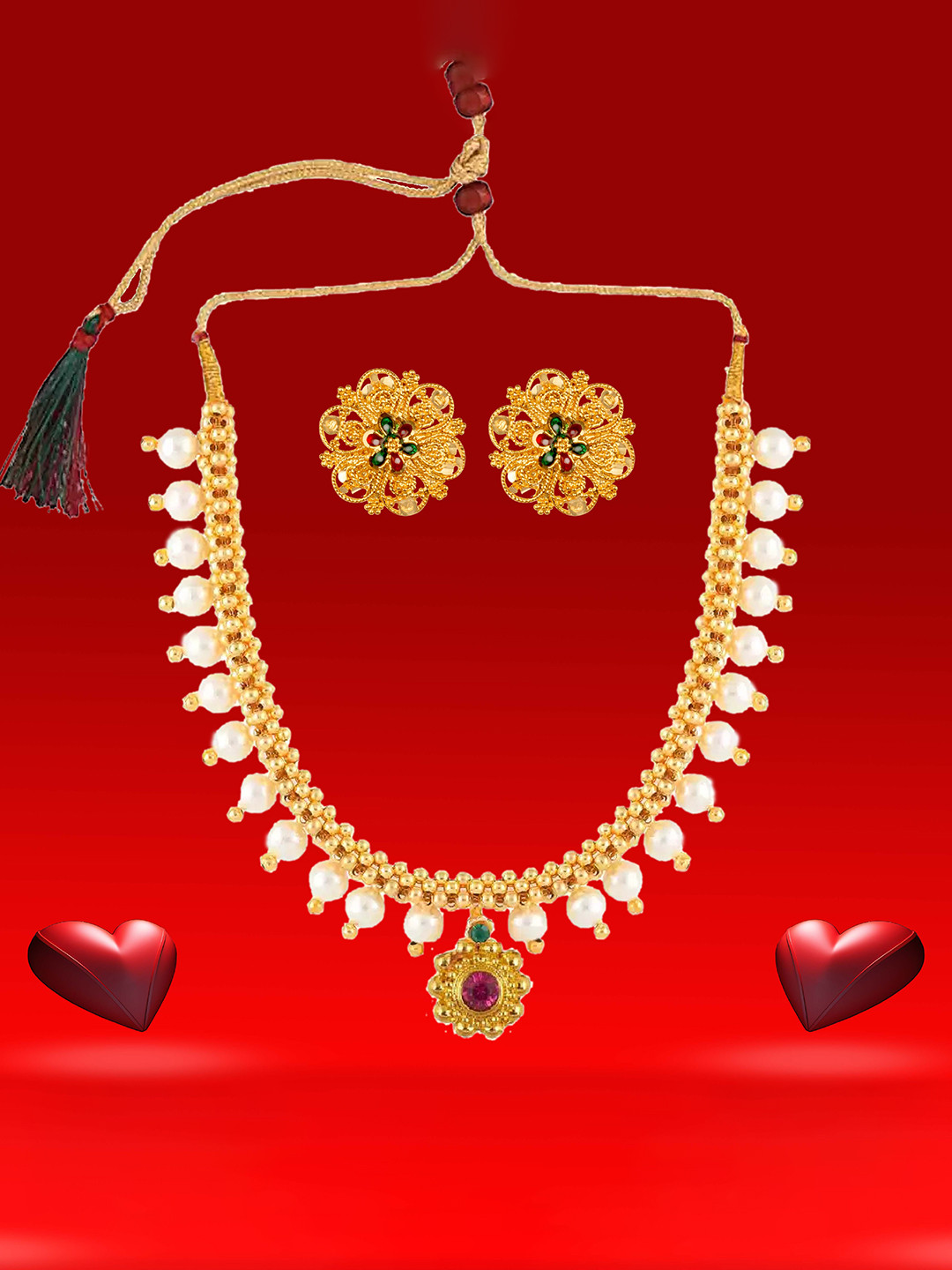

Heer Collection Gold-Plated Stones-Studded & Peral-Beaded Jewellery Set