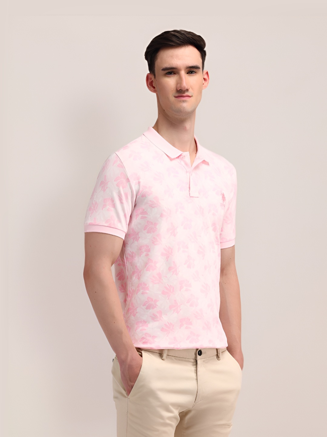 

U.S. Polo Assn. Men Floral Printed Polo Collar Cotton Slim Fit T-shirt, Pink