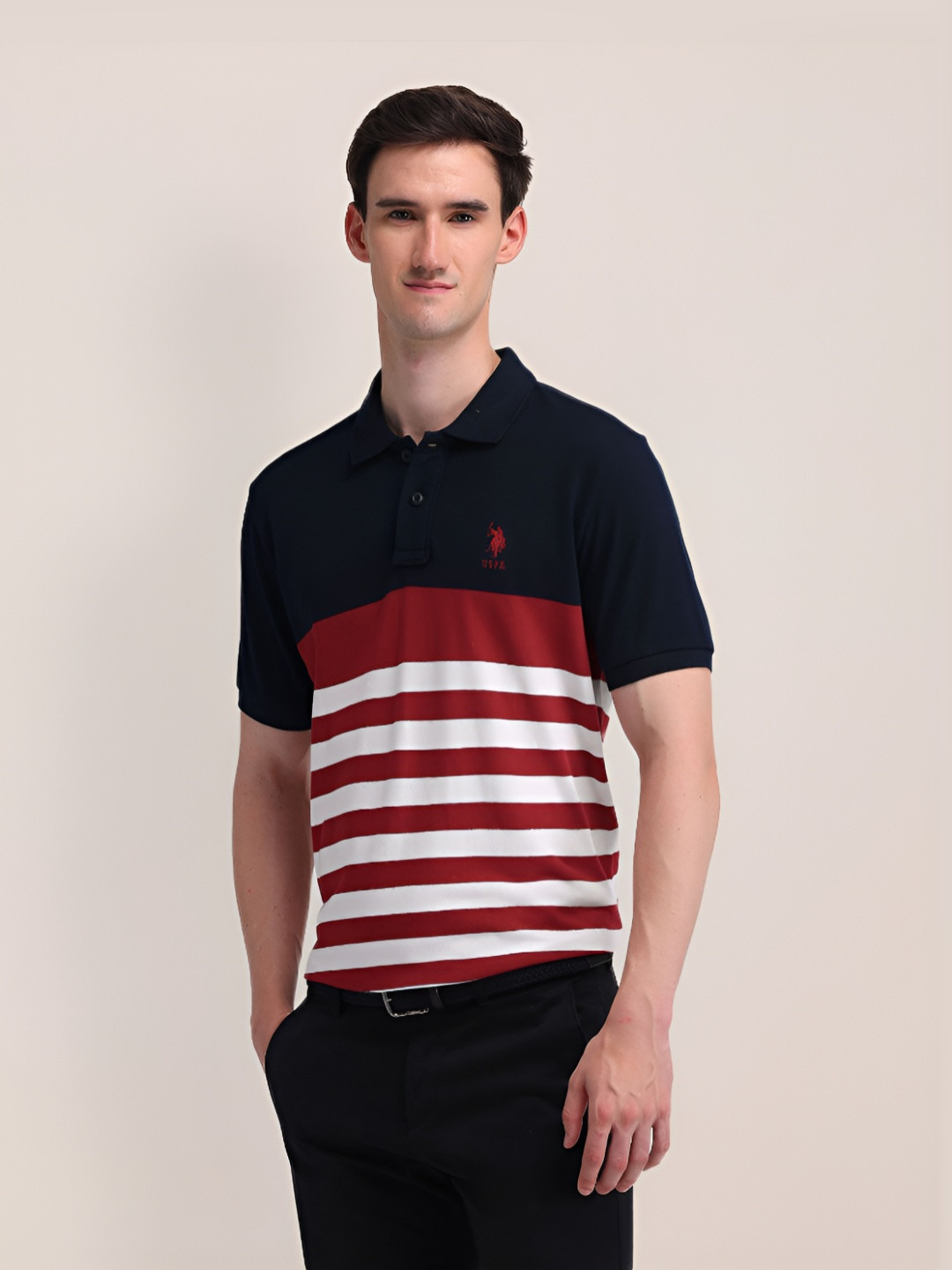 

U.S. Polo Assn. Men Striped Polo Collar Cotton Slim Fit T-shirt, Navy blue
