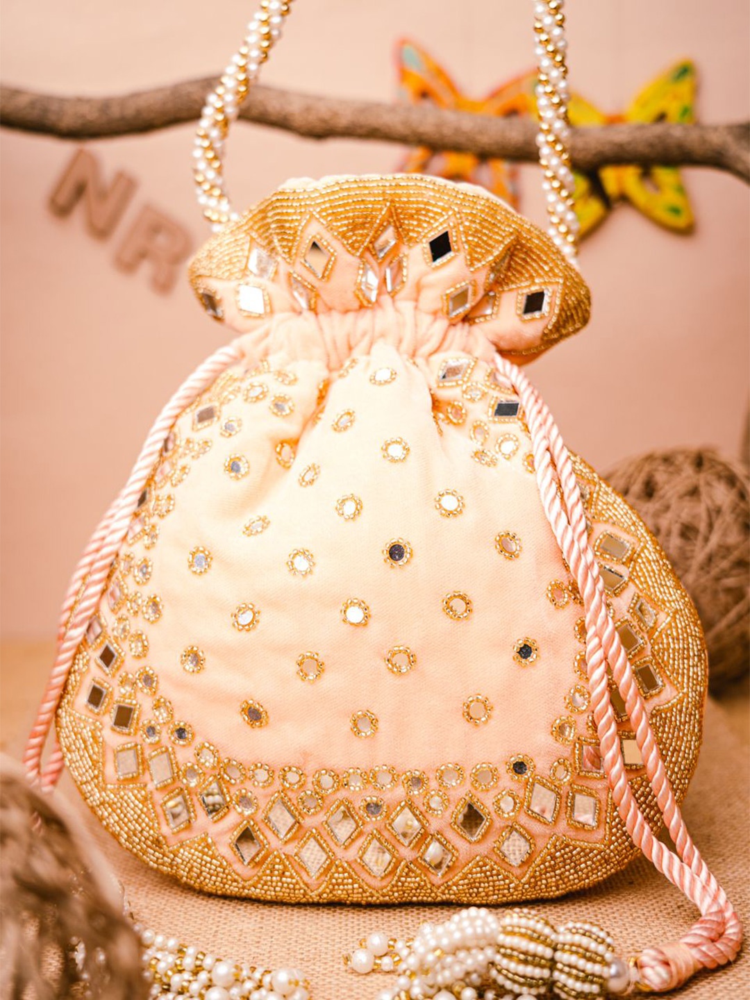 

NR By Nidhi Rathi Embroidered Mirror Work Potli Clutch, Peach