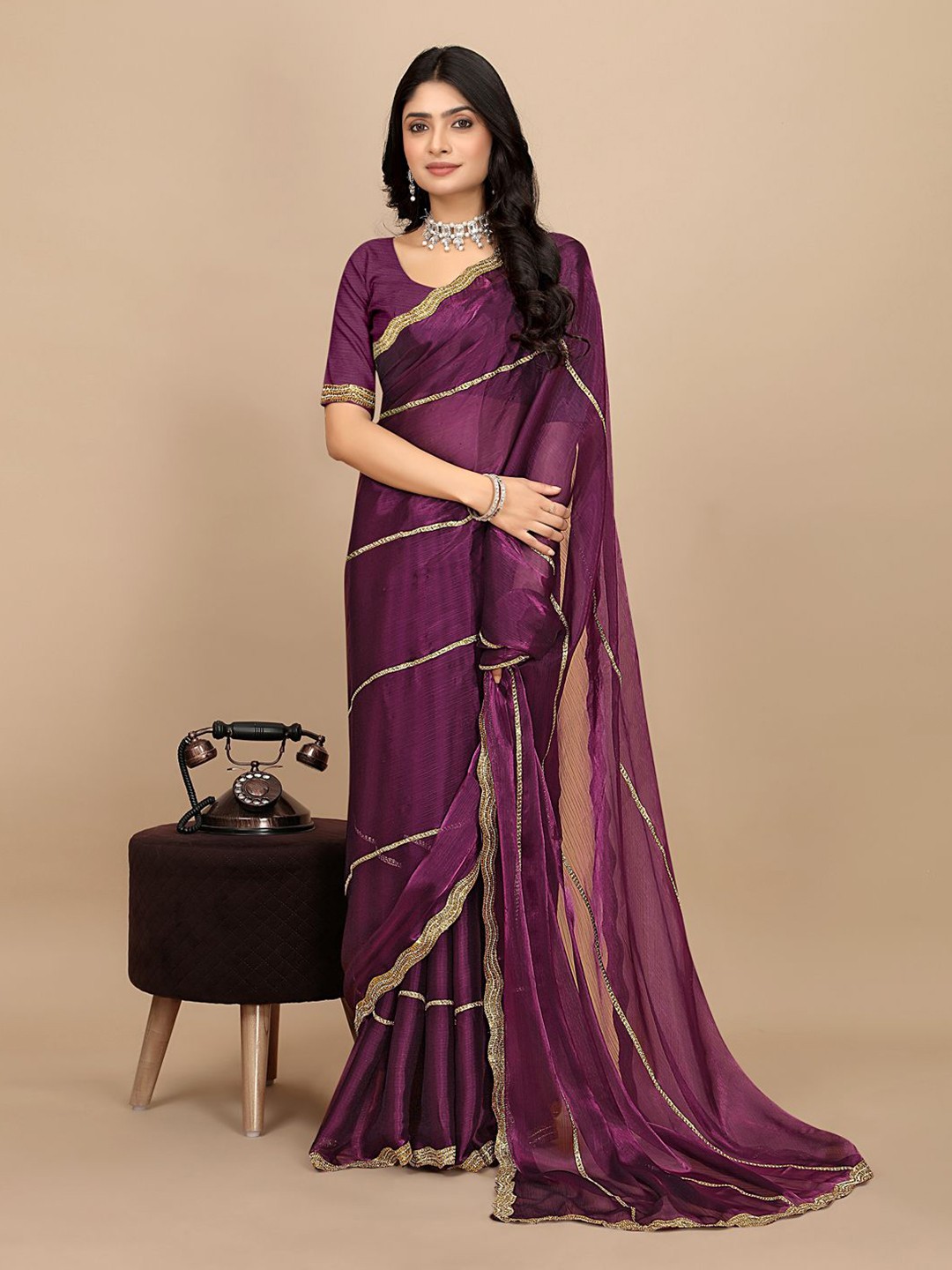 

Pionex womens Organza Saree, Purple
