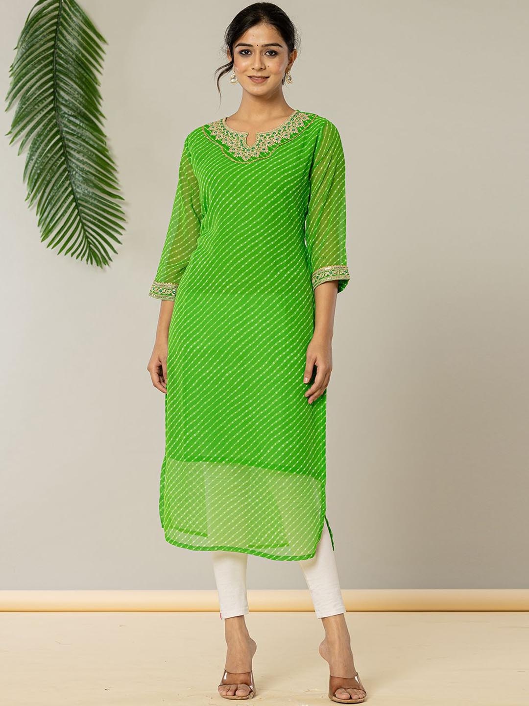 

Yufta Leheriya Printed Round Neck Thread Work Georgette Kurta, Green