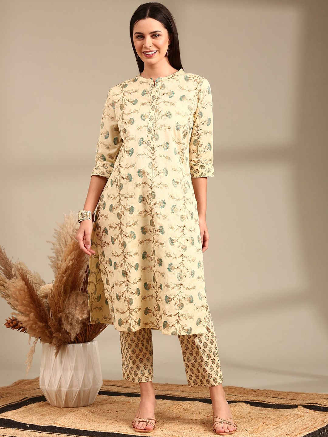 

Anouk Floral Printed Band Collar Pure Cotton Straight Kurta With Trouser, Beige