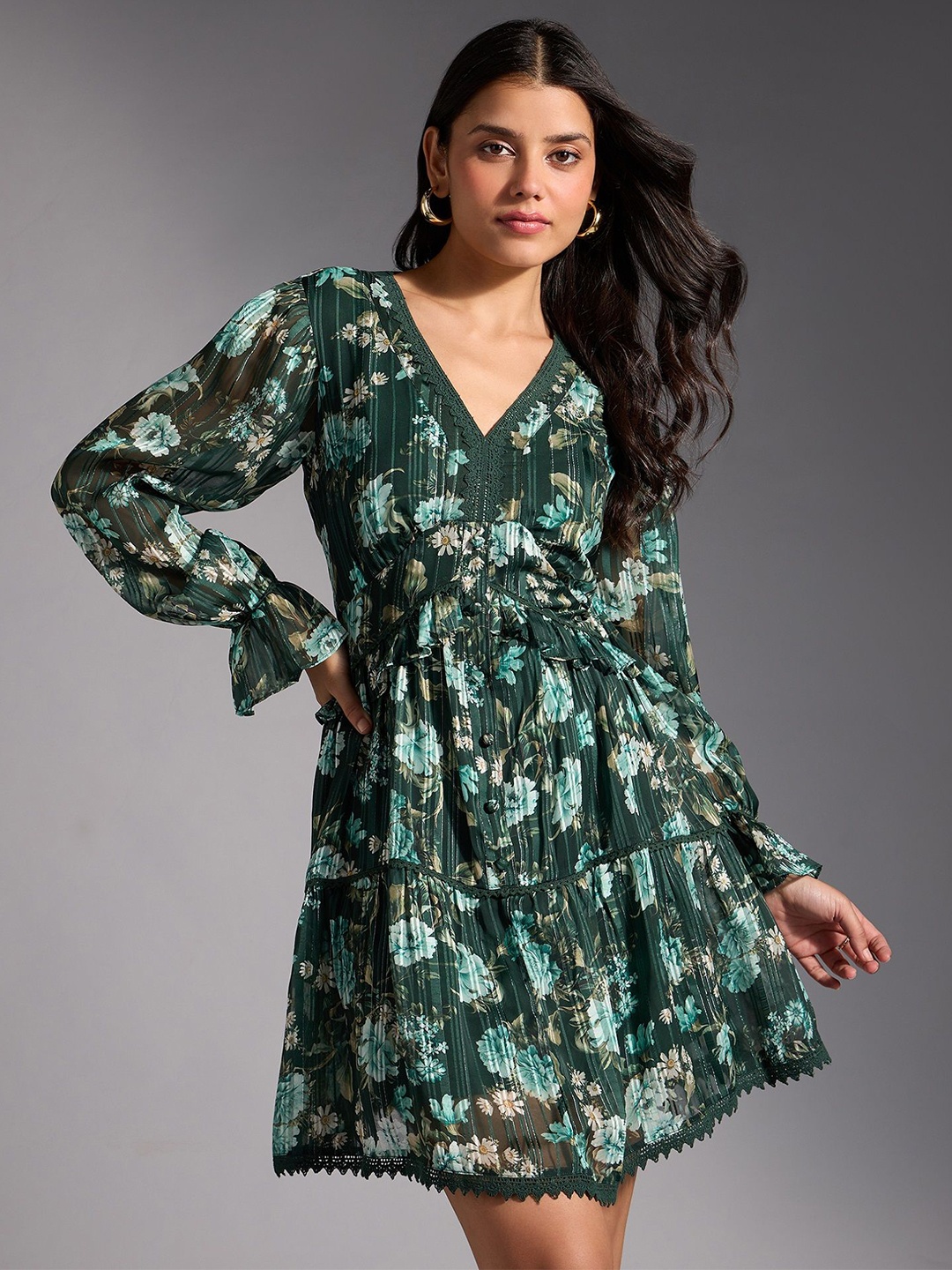 

20Dresses Women Floral Print Bishop Sleeve Dress, Green