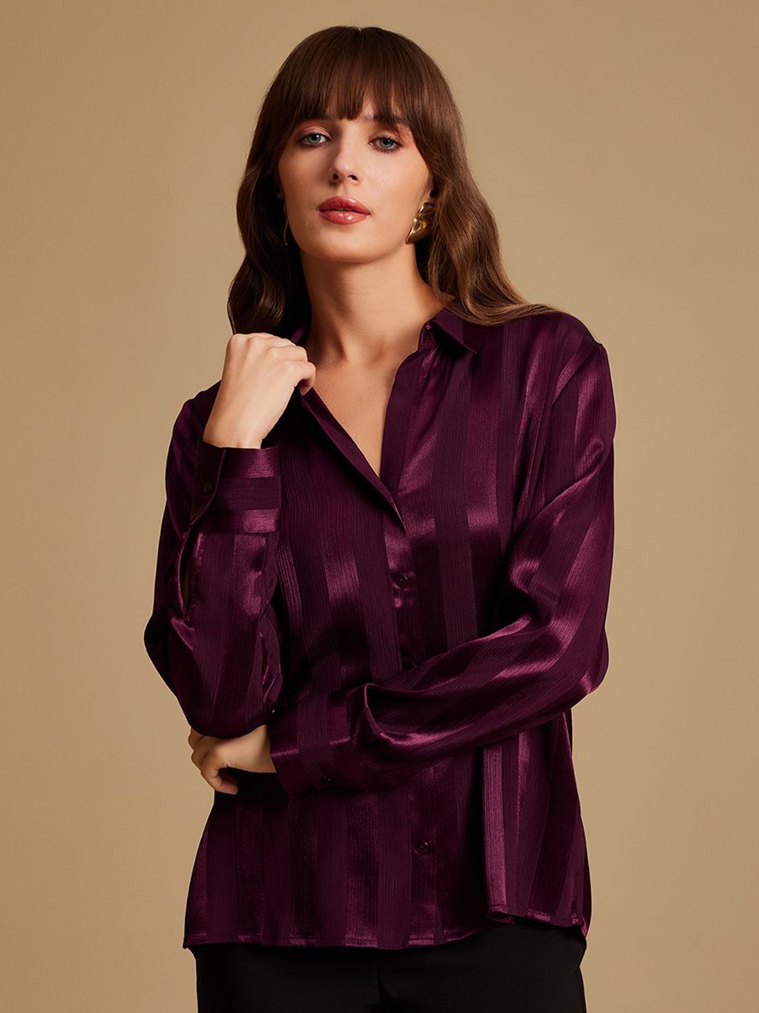 

Kazo Women Spread Collar Solid Casual Shirt, Purple