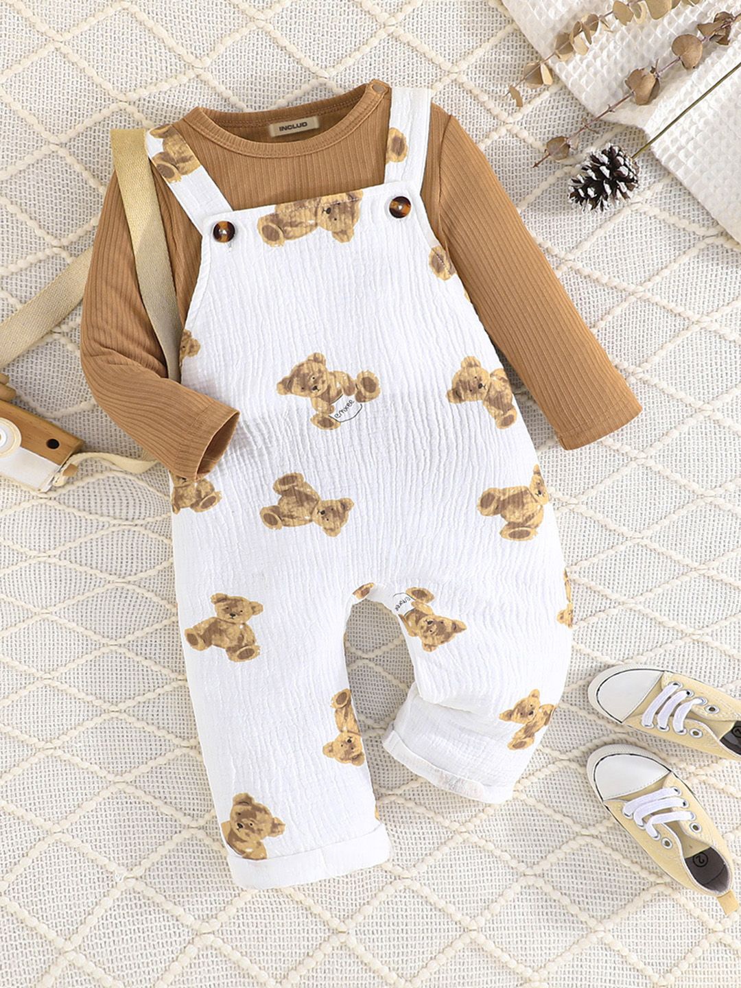 

INCLUD Boys Bear Printed Dungarees With Tshirt, Beige