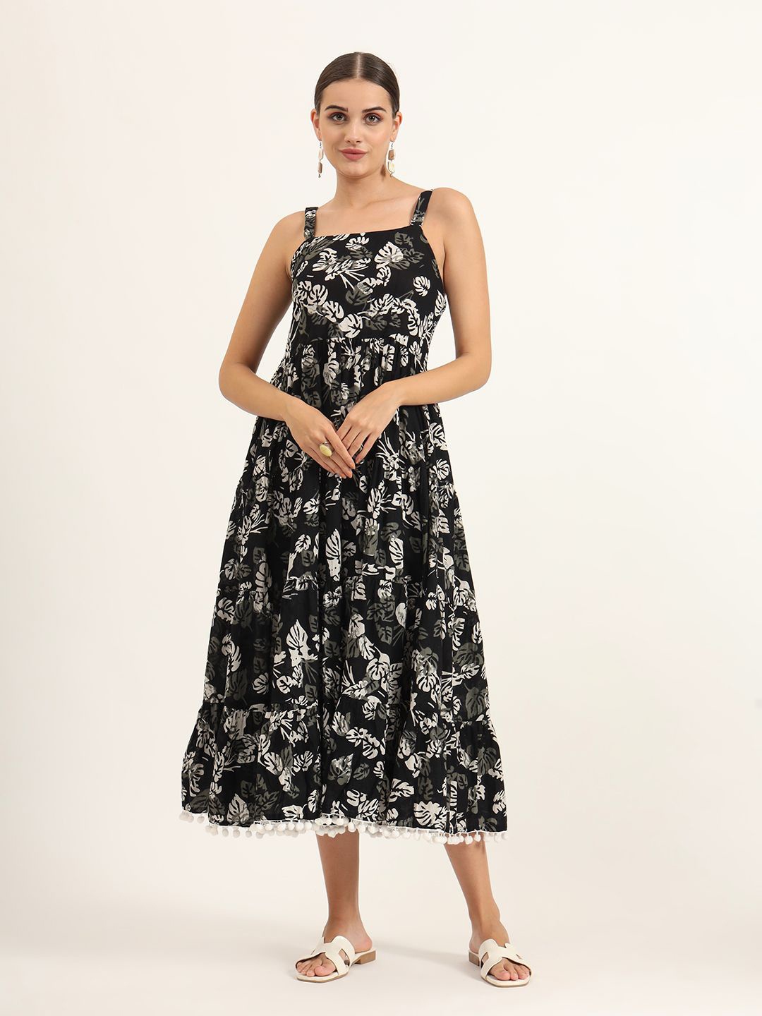 

Divena Women Floral Printed with Pom-Pom Detail Fit & Flare Maxi Dress, Black