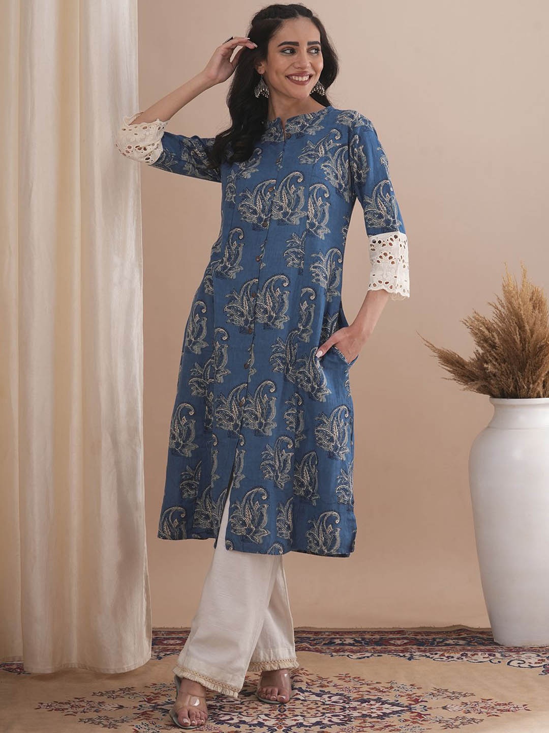 

FASHOR Paisley Printed Mandarin Collar Cotton Straight Kurta, Blue