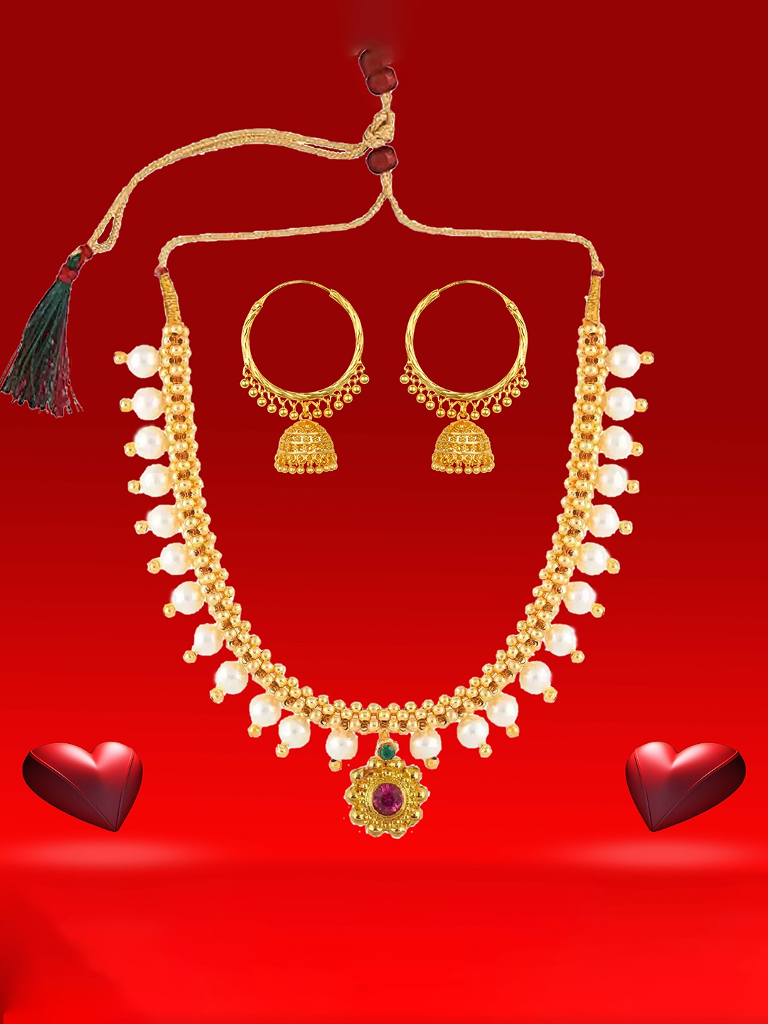 

Heer Collection Gold-Plated Stones-Studded & Pearl-Beaded Antique Jewellery Set